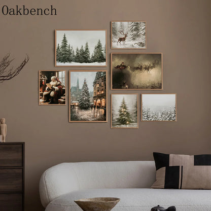 Christmas Trees Wall Art Snowy Village Print Picture Santa Deers Canvas Painting Poster For Livng Room Decoration Holiday Gift